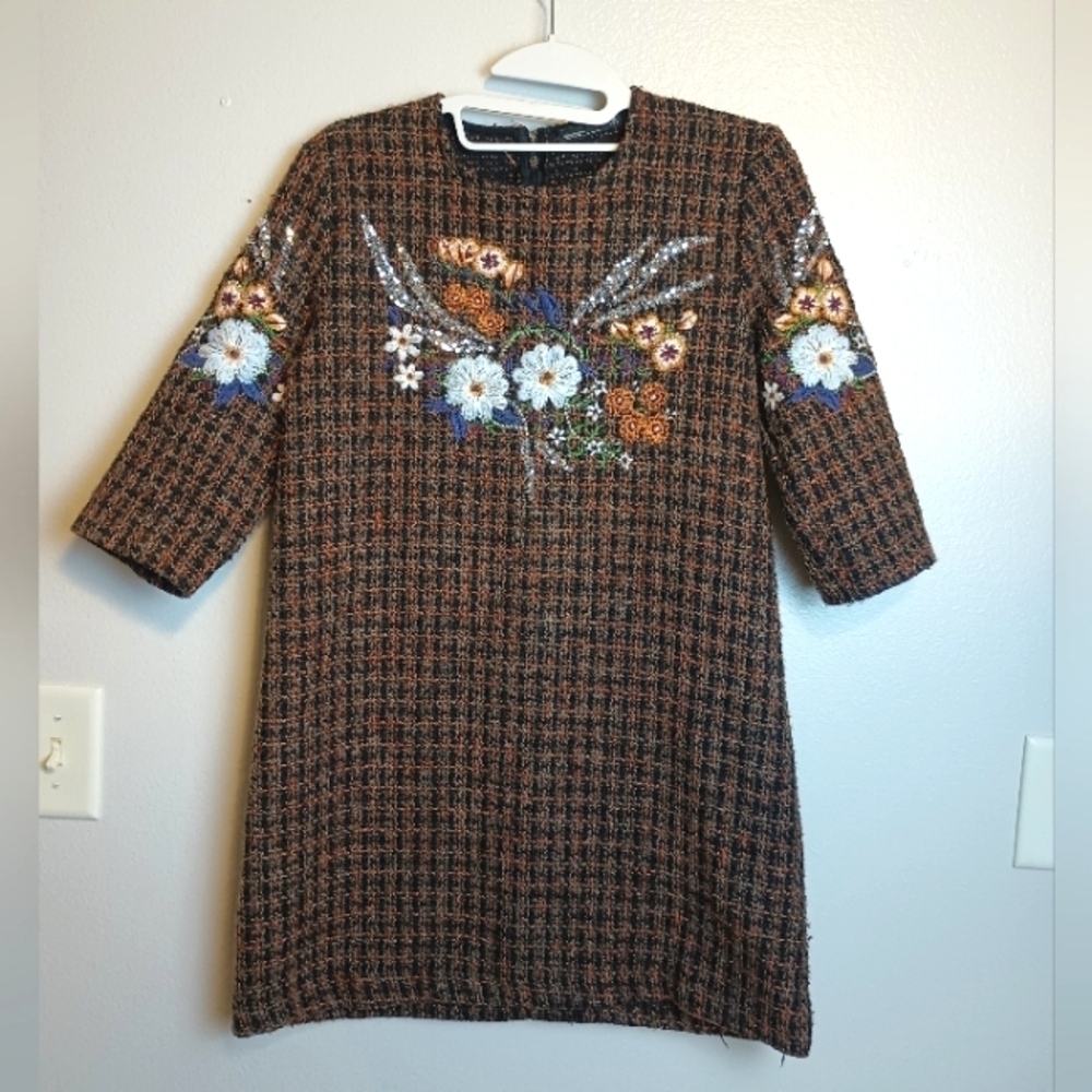 Zara Tweed Dress Floral Embroidery Wool Blend Size Small